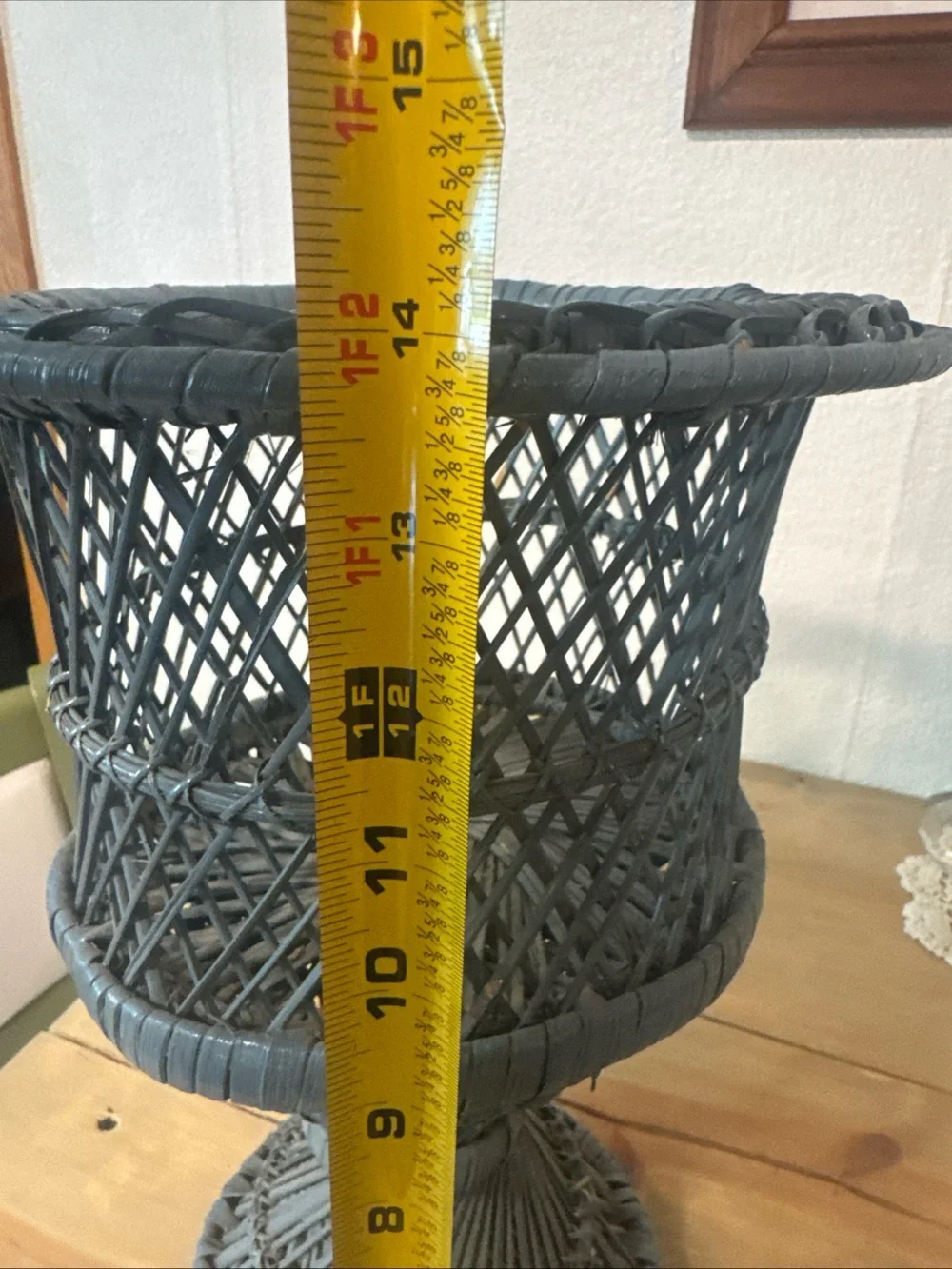 Vintage Mid Century Boho Chic Woven Peacock Wicker Rattan Plant Stand Pedestal